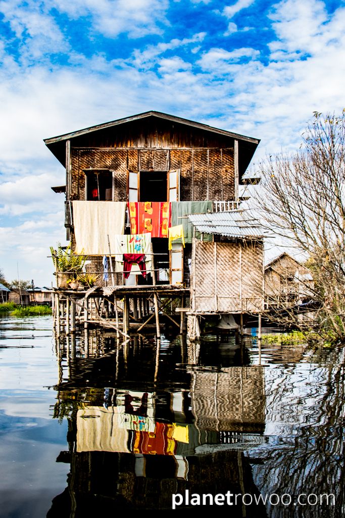 Traditional bamboo stilt house, Inle Lake floating village, Myanmar, 2017