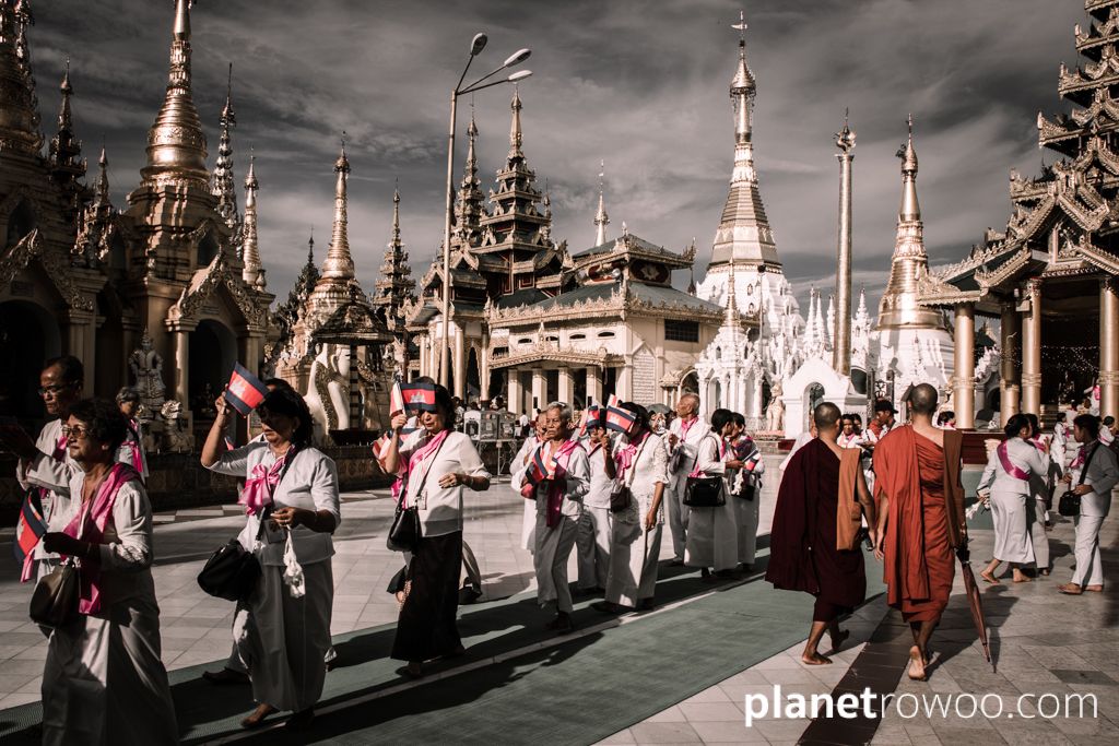 Buddhist pilgrims at the Shwedagon Pagoda, Yangon, Myanmar, 2017