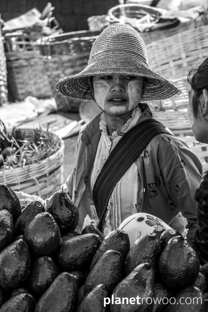 Kalaw market trader, with traditional ‘thanaka’ face paste, Kalaw, Myanmar, 2017
