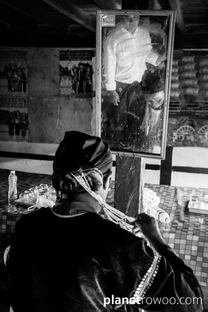 A Palaung hill tribe villager prepares her traditional headdress, Kalaw, Myanmar, 2017